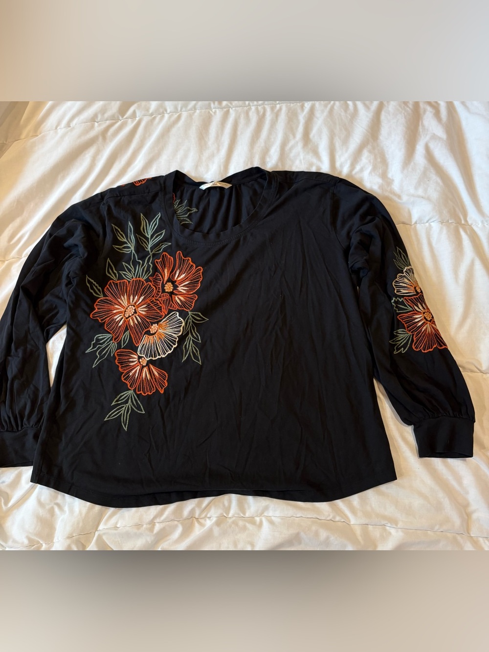eshakti Black Long-Sleeve Top with Orange Floral Embroidery